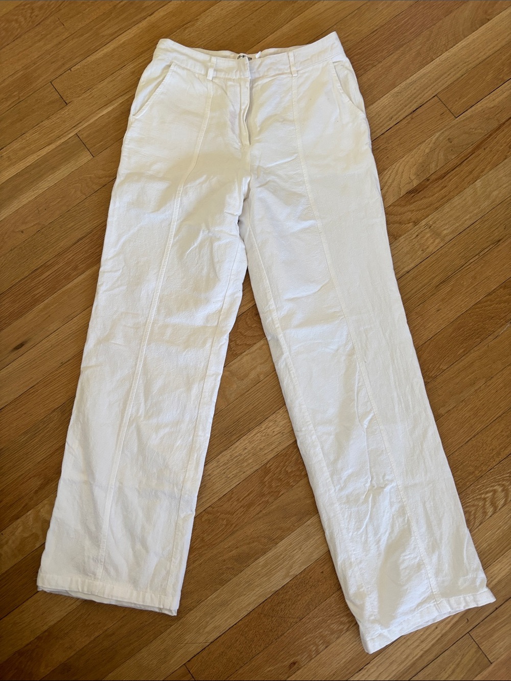 Women's White Linen-Blend Straight Leg Trousers